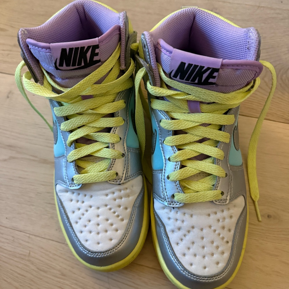 Custom Nike ID Dunk Highs | Silver / Neon green / Turquoise High-Top Sneakers
